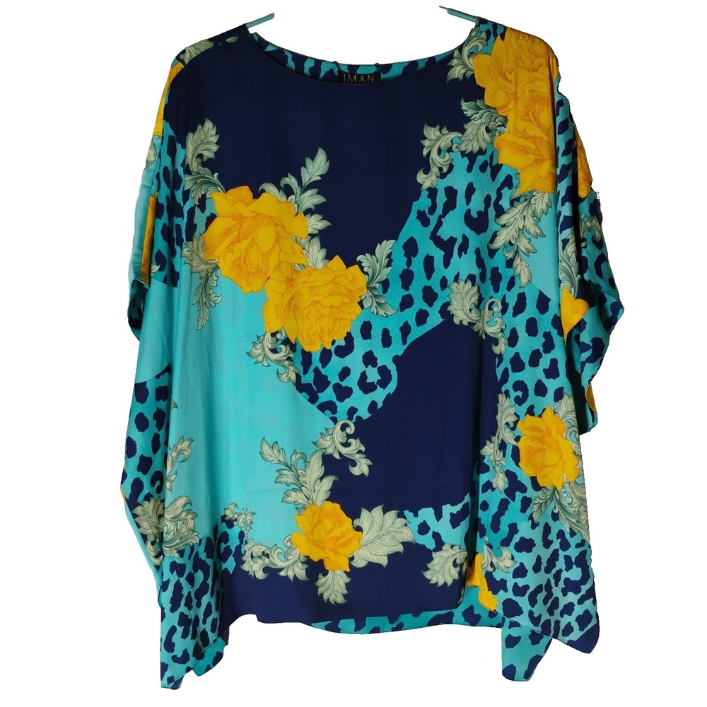IMAN Womens M/L Reversible Blouse Blue Floral Animal Print Flowy Top Shirt
